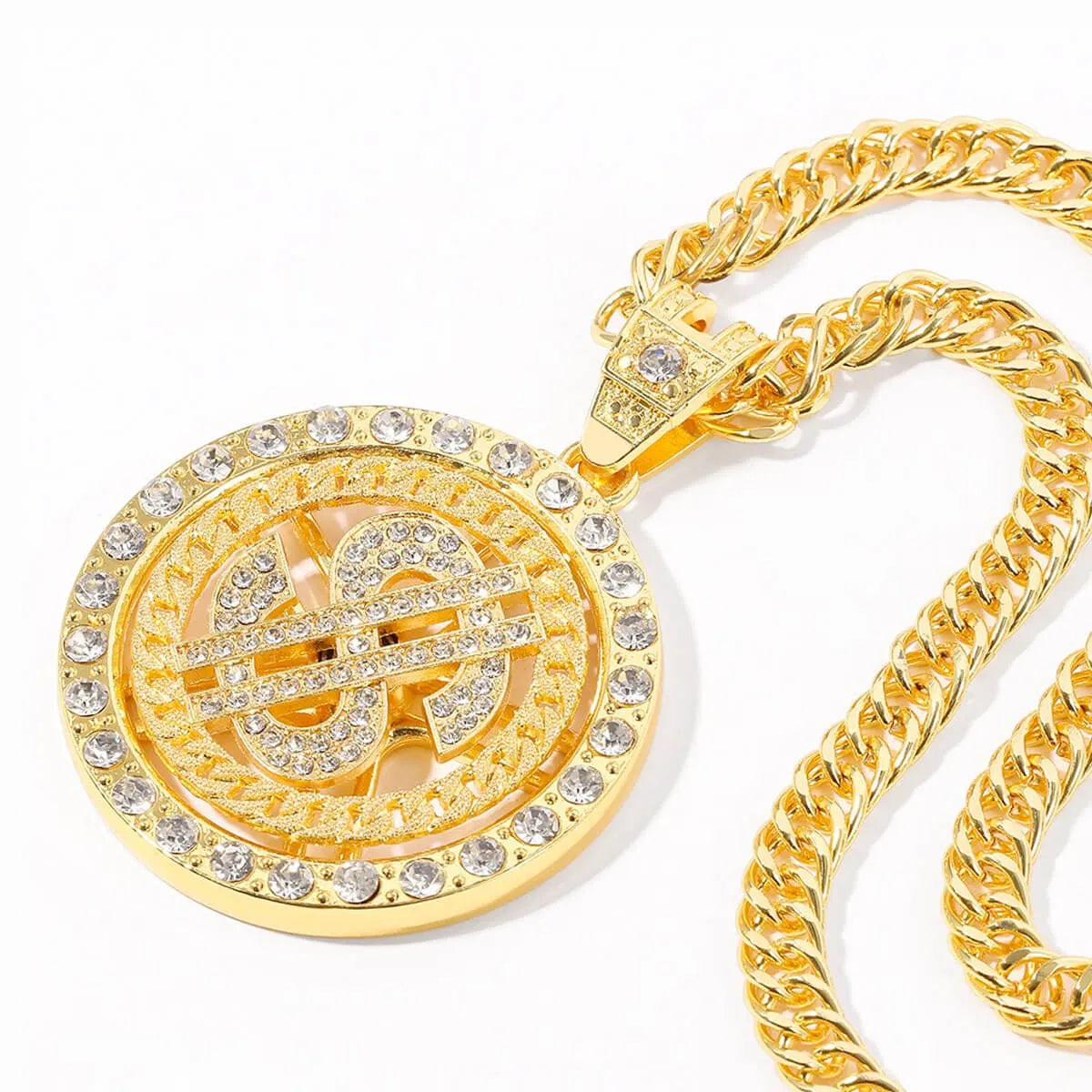 Rotating Dollar Pendant Iced Out Bling Necklace