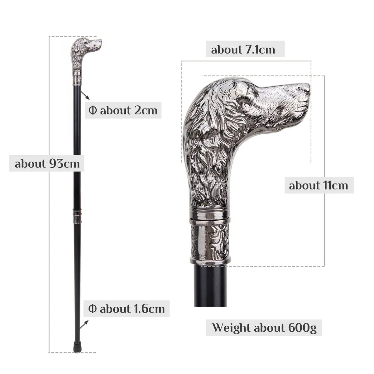 Sliver Loyal Dog Head Pimp Walking Cane