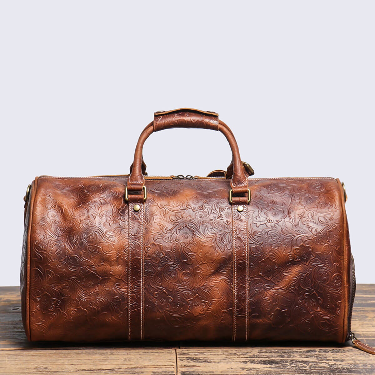 Brown Embossed Leather Luggage Bag Back View