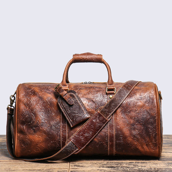Brown Embossed Leather Travel Luggage Bag Front View