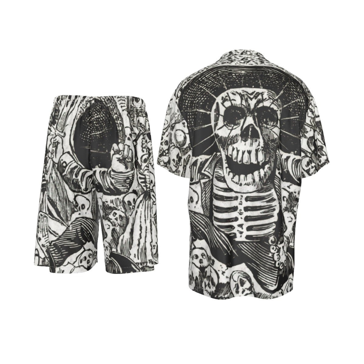 Conjunto de traje de camisa de seda con arte de esqueleto mexicano de Jose Guadalupe