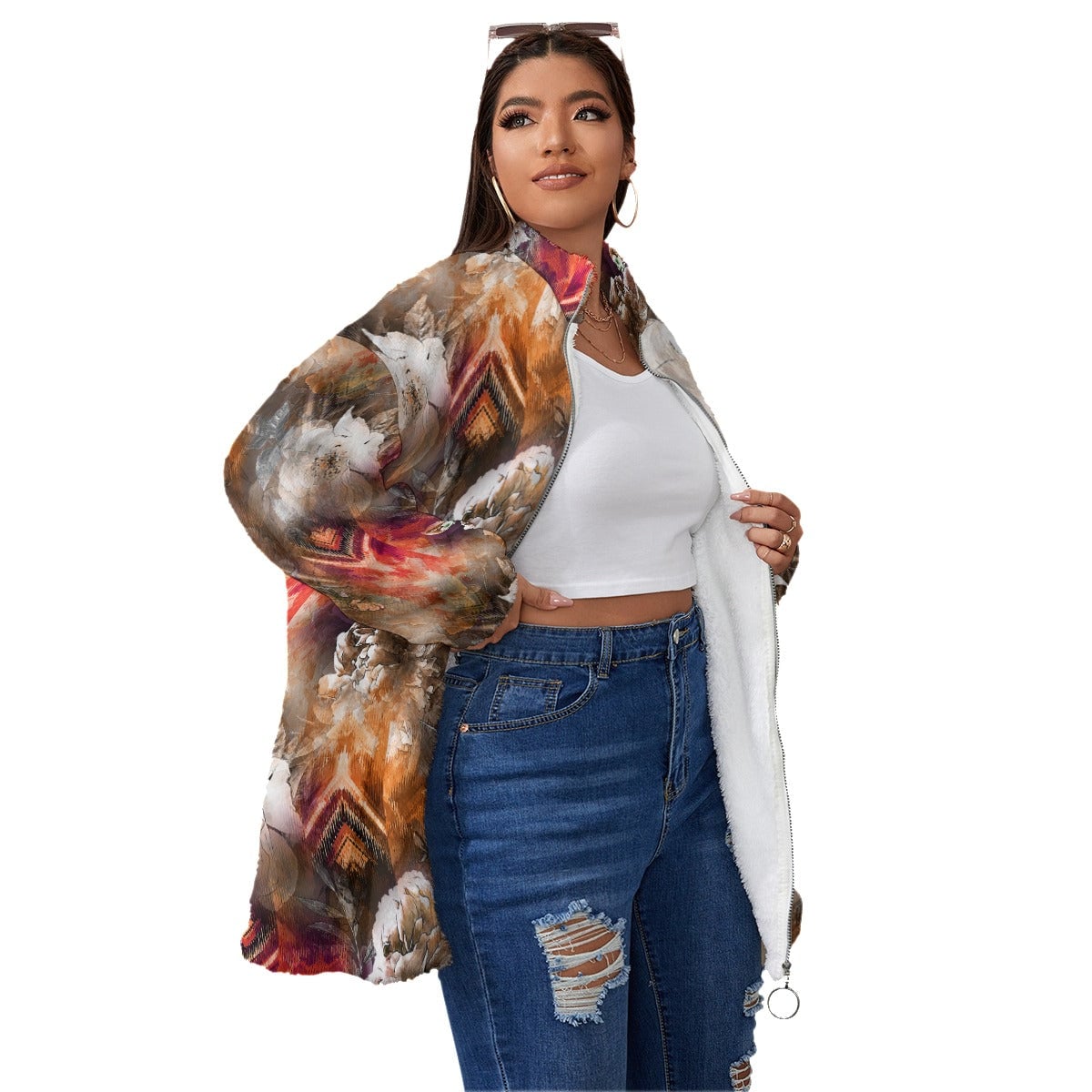 Abstract Flowers Art Women’s Borg Fleece Oversize Jacket