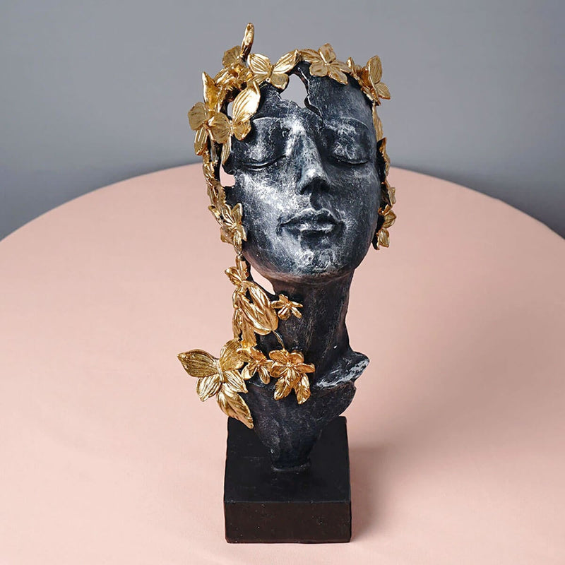 Abstract Lady with Flowers Butterflies Statues Golden Art