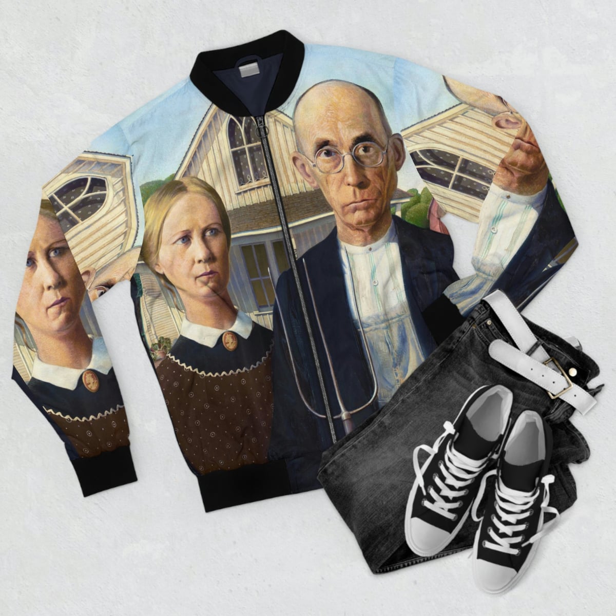 American Gothic by Grant Wood Art Bomber Jacket