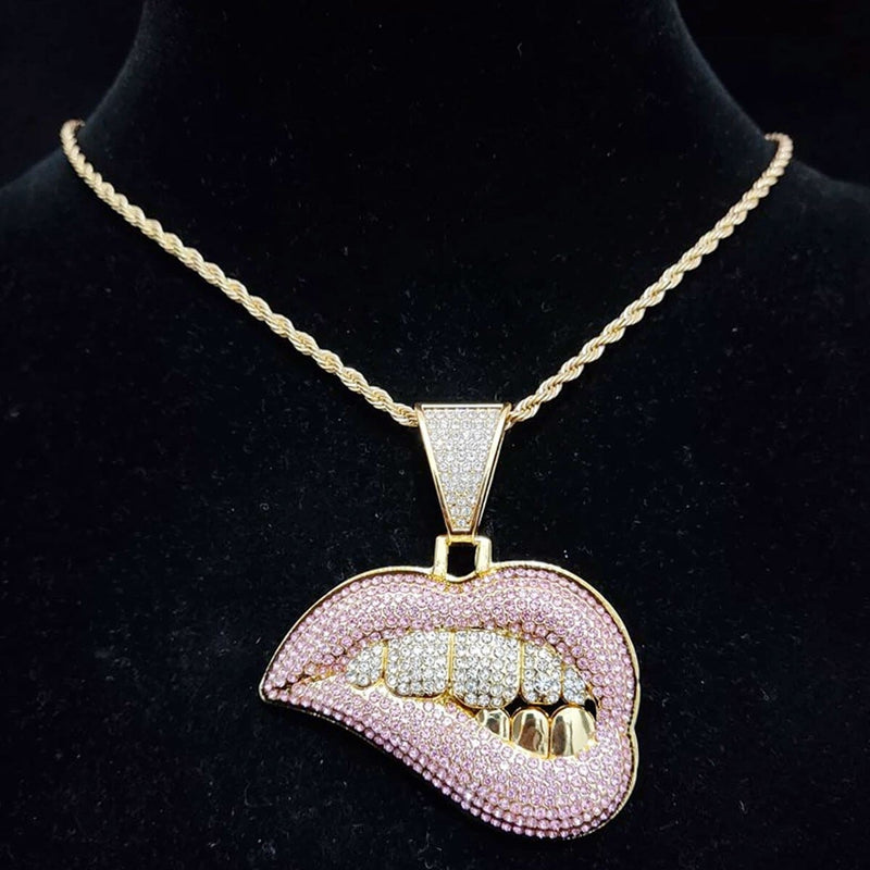 Bite Lip Shape Pendant Crystal Cuban Chain Necklace