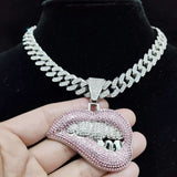 Bite Lip Shape Pendant Crystal Cuban Chain Necklace