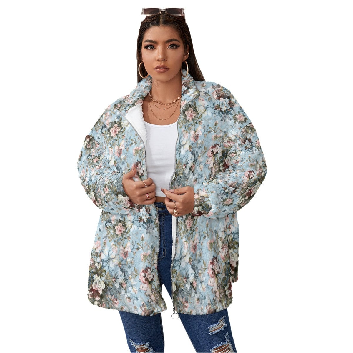 Blue Sky Fashion Flowers Women’s Borg Fleece Oversize Jacket