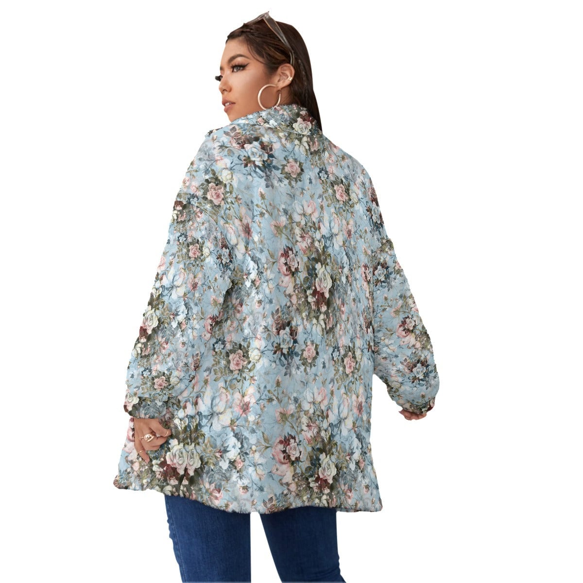Blue Sky Fashion Flowers Women’s Borg Fleece Oversize Jacket