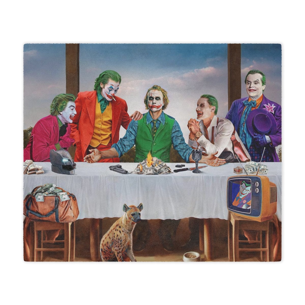 Humorous joker figures featured in the artistic design of The Last Supper Jokers Blanket.