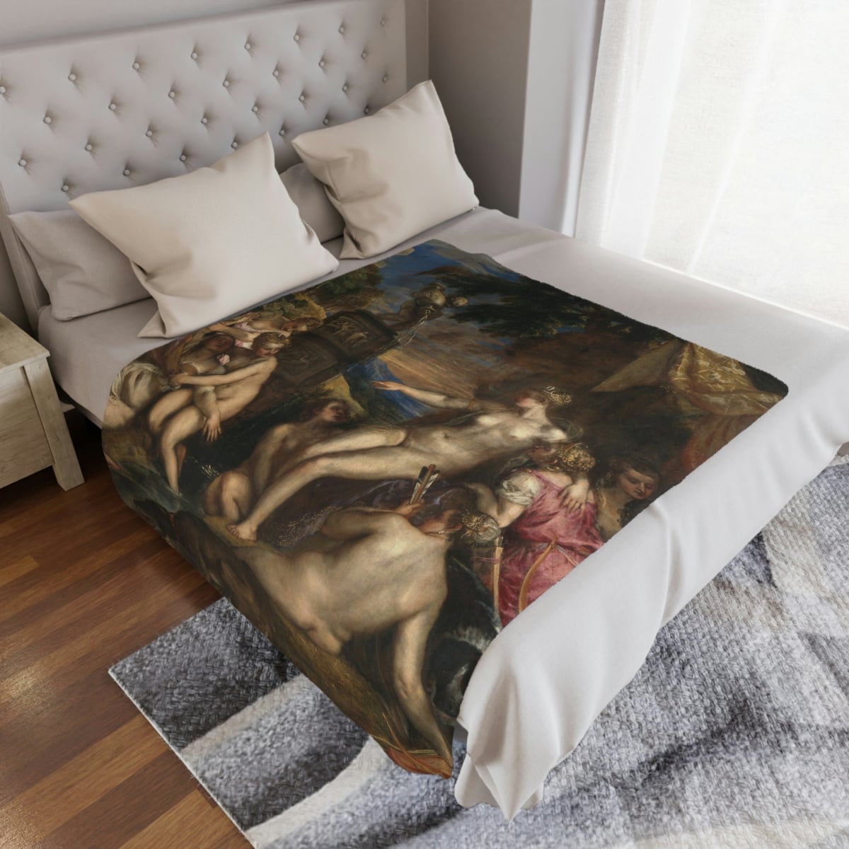 Art enthusiast's room with Titian's Diana and Callisto Blanket as a decorative accent