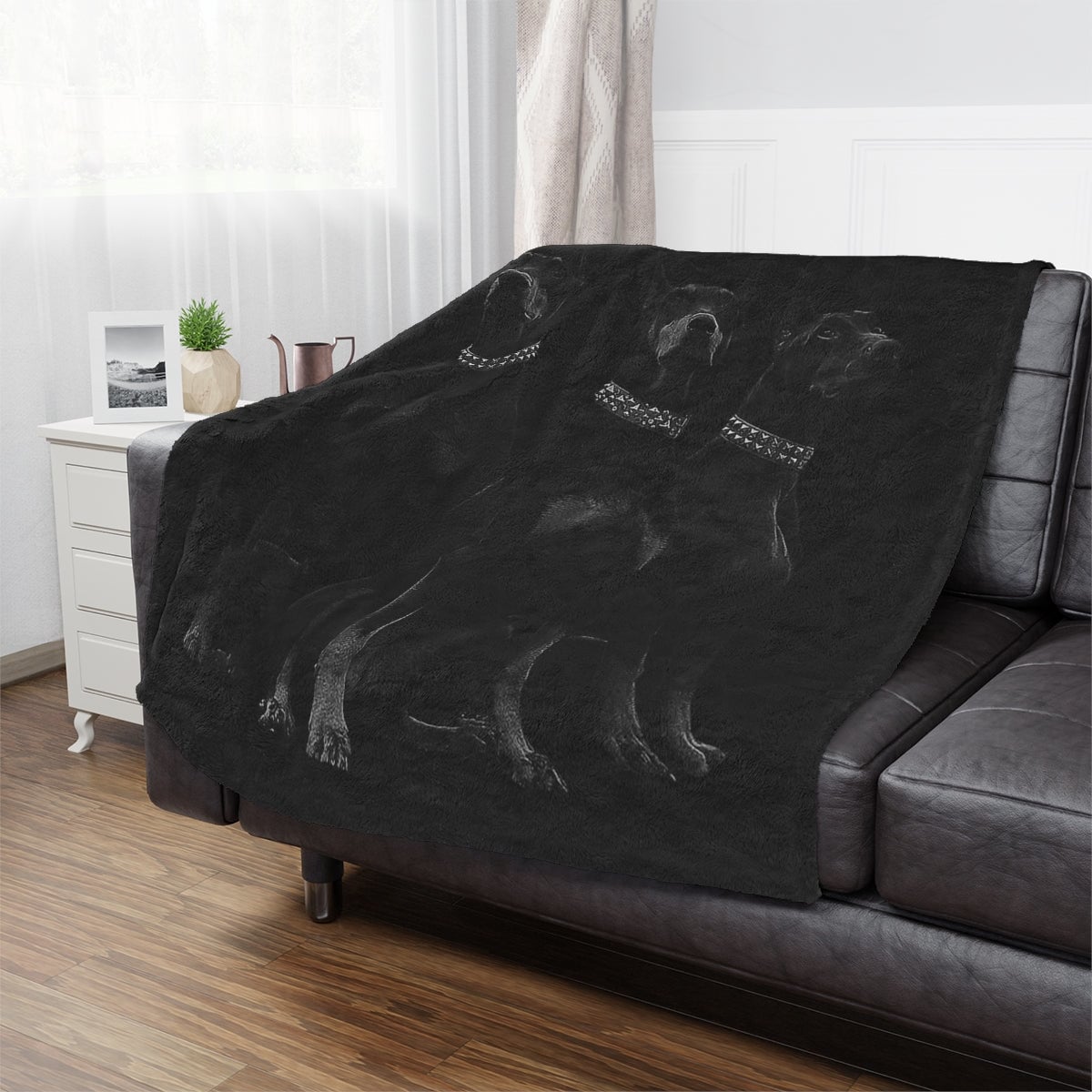 Stylish Minky Blanket featuring artistic renditions of Dobermans in a gangster theme.