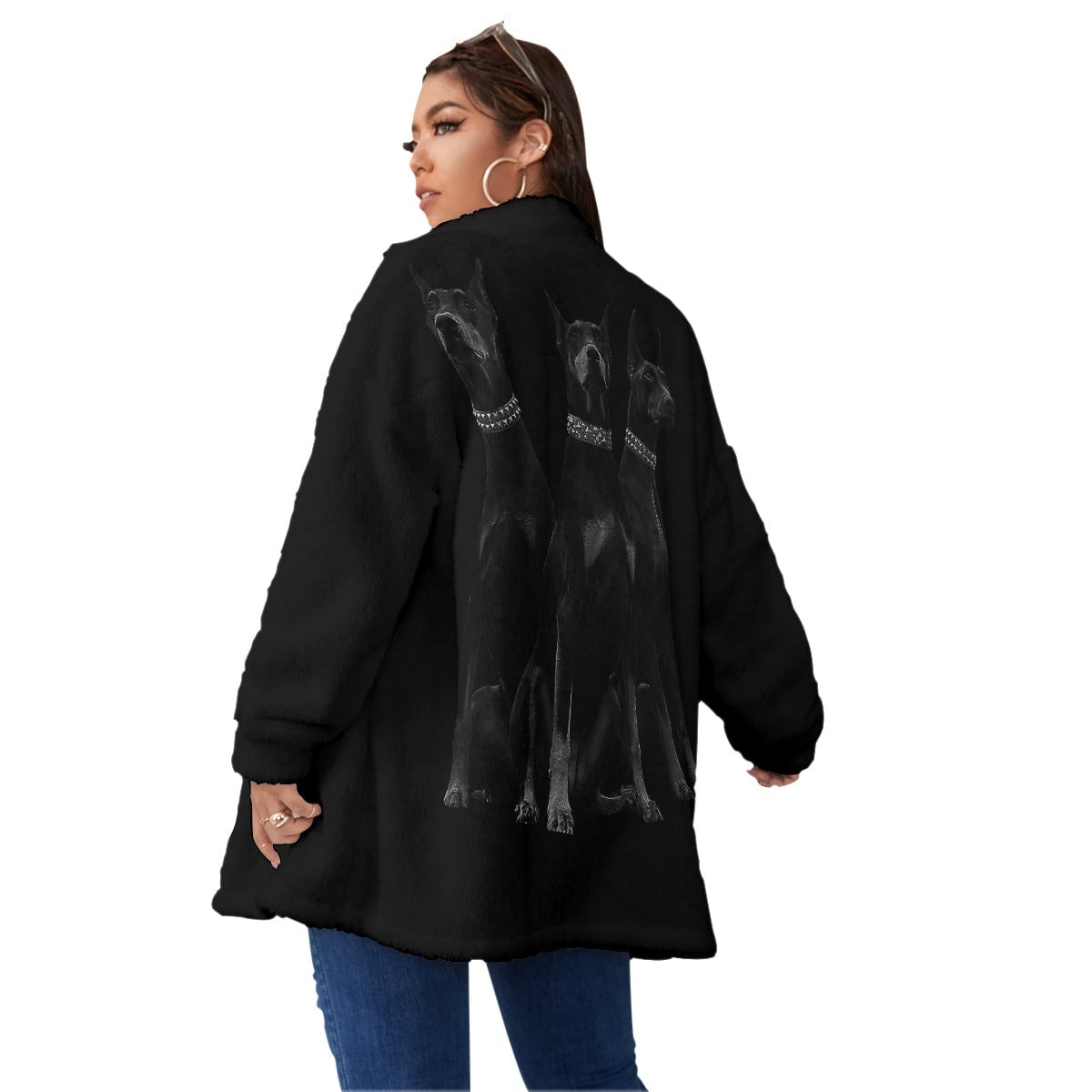 Dobermans Pinscher Gangster Dog Art Women’s Borg Fleece Oversize Jacket