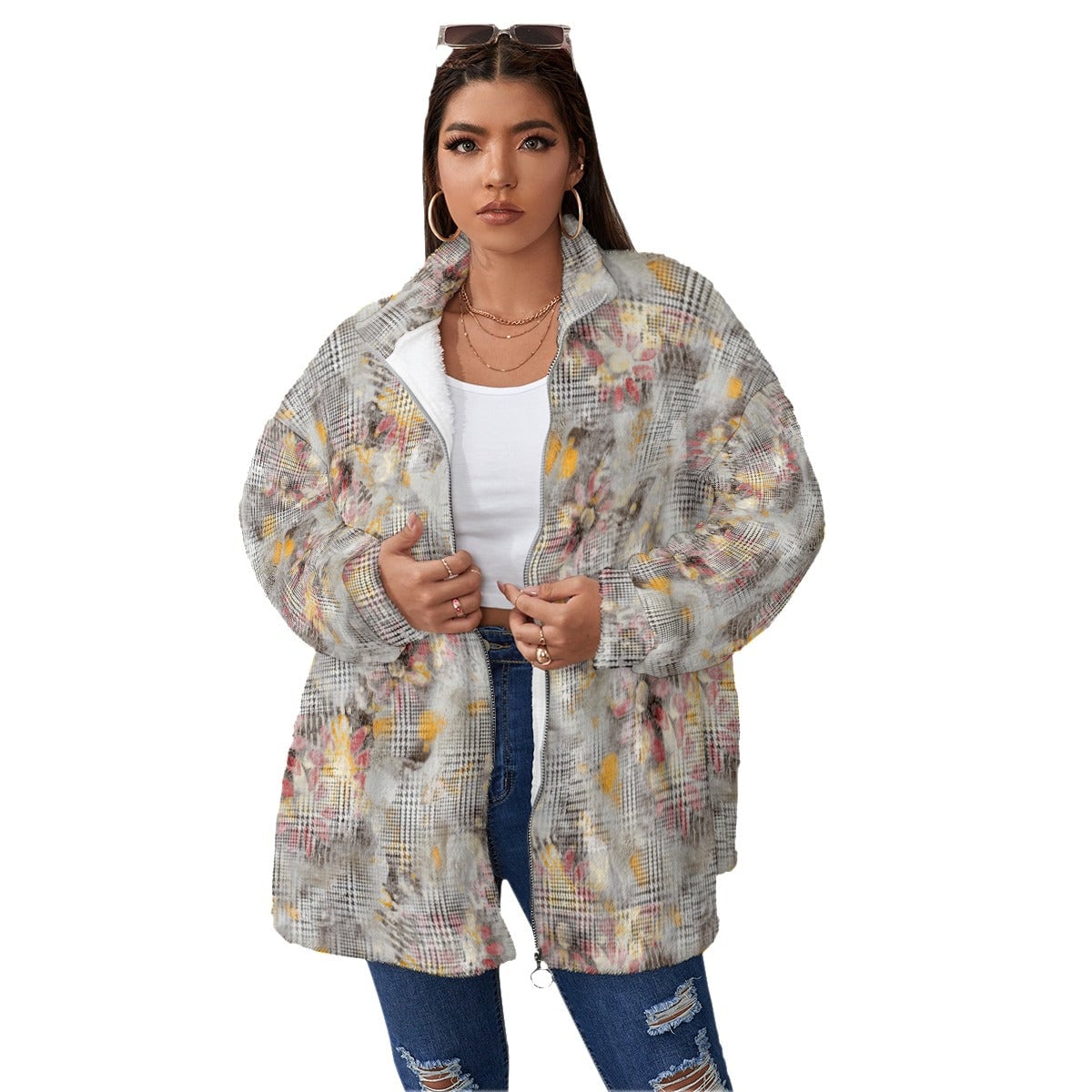 Fashion Abstract Flowers Women’s Borg Fleece Oversize Jacket