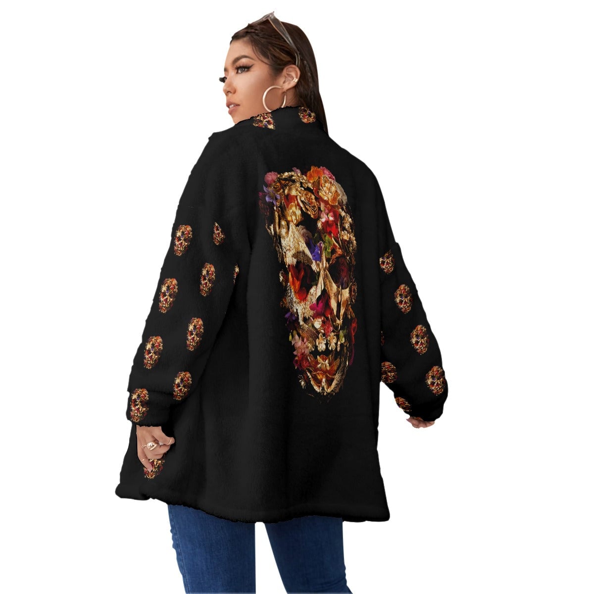 Fashion Golden Floral Skull Women’s Borg Fleece Oversize Jacket