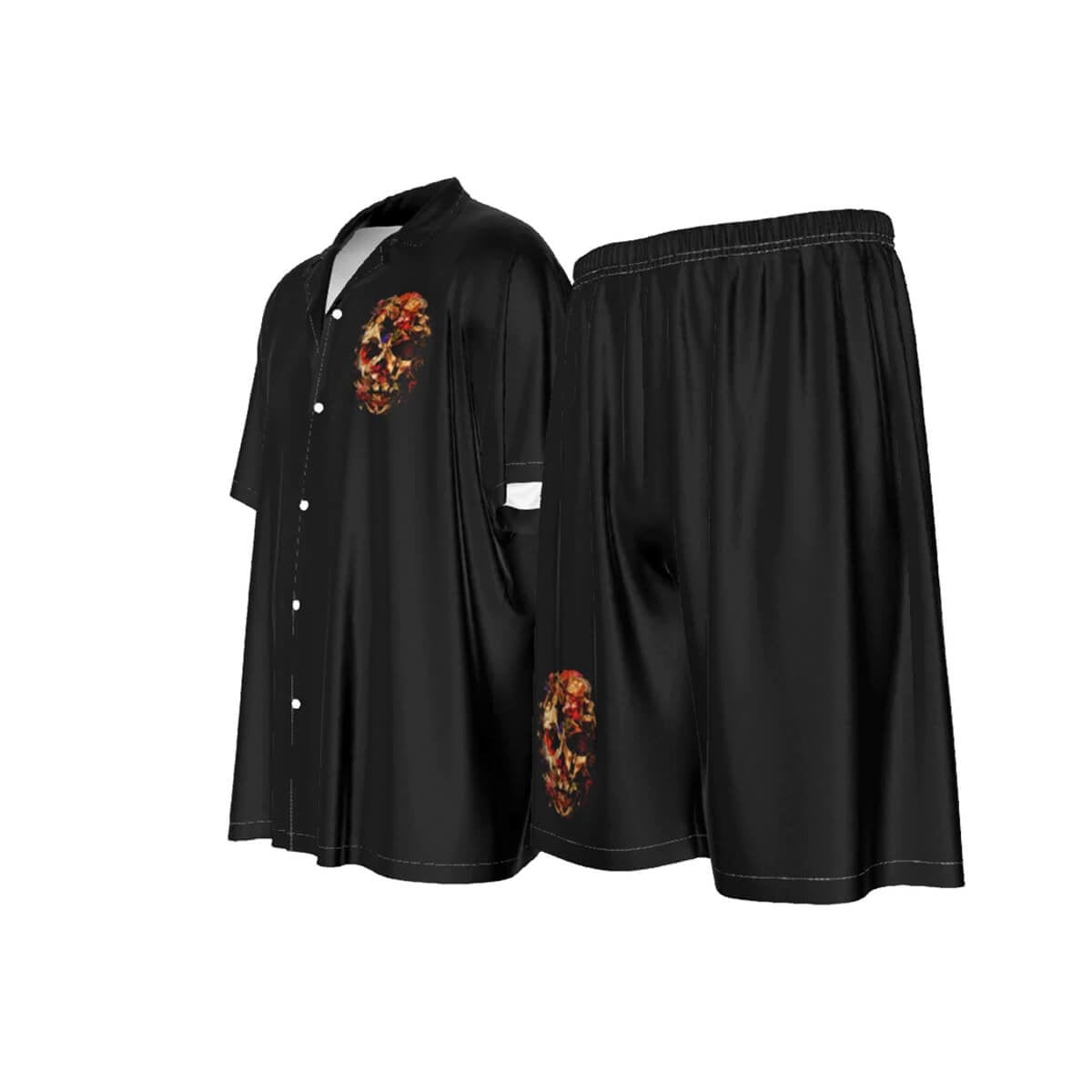 Fashion Luxury Flowers Skull Style Holiday Silk Shirt Suit Set