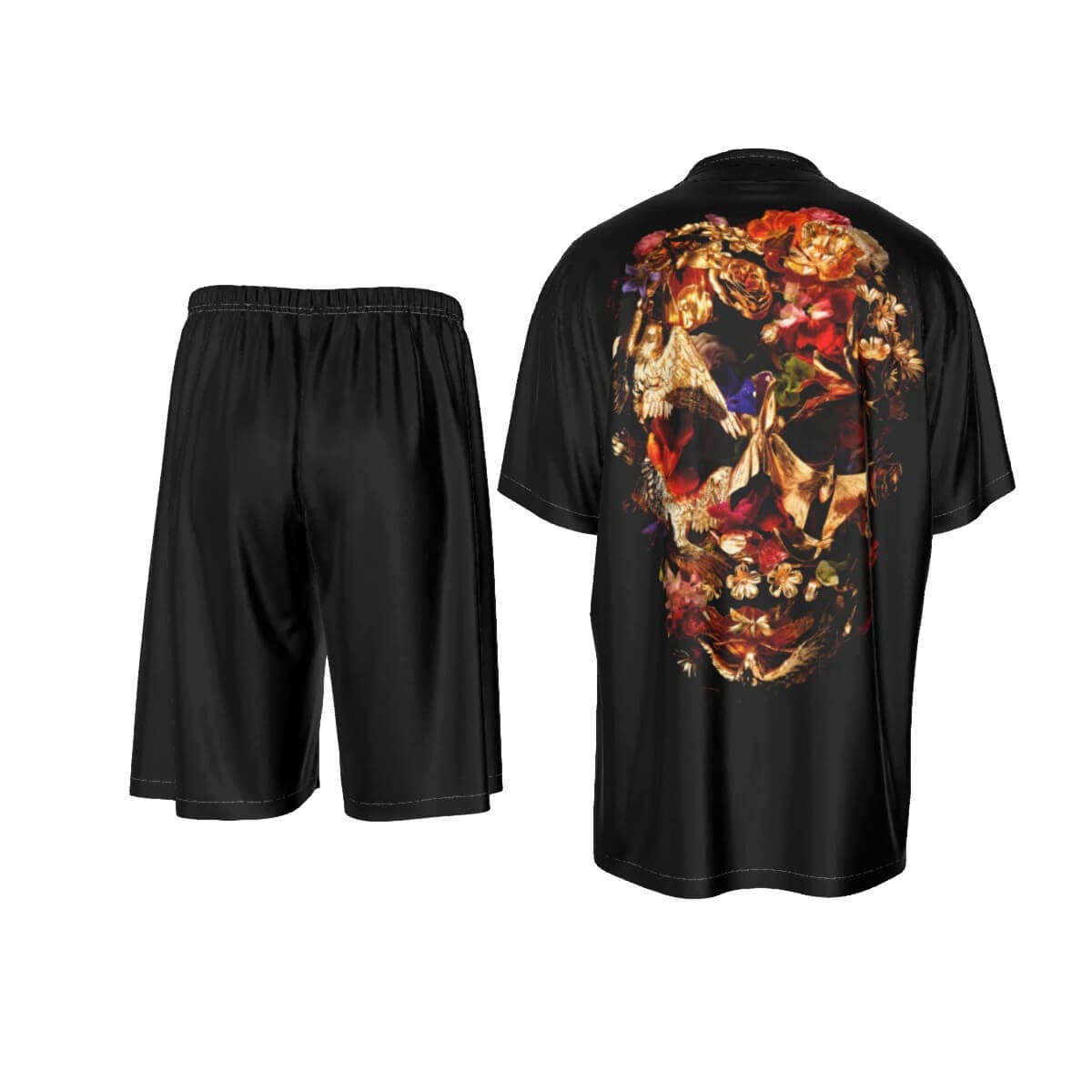 Fashion Luxury Flowers Skull Style Holiday Silk Shirt Suit Set