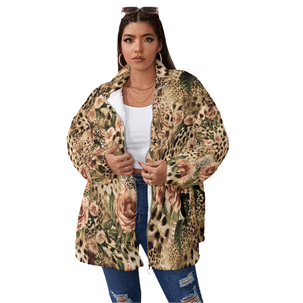 Fashion Roses and Leopard Women’s Borg Fleece Oversize Jacket