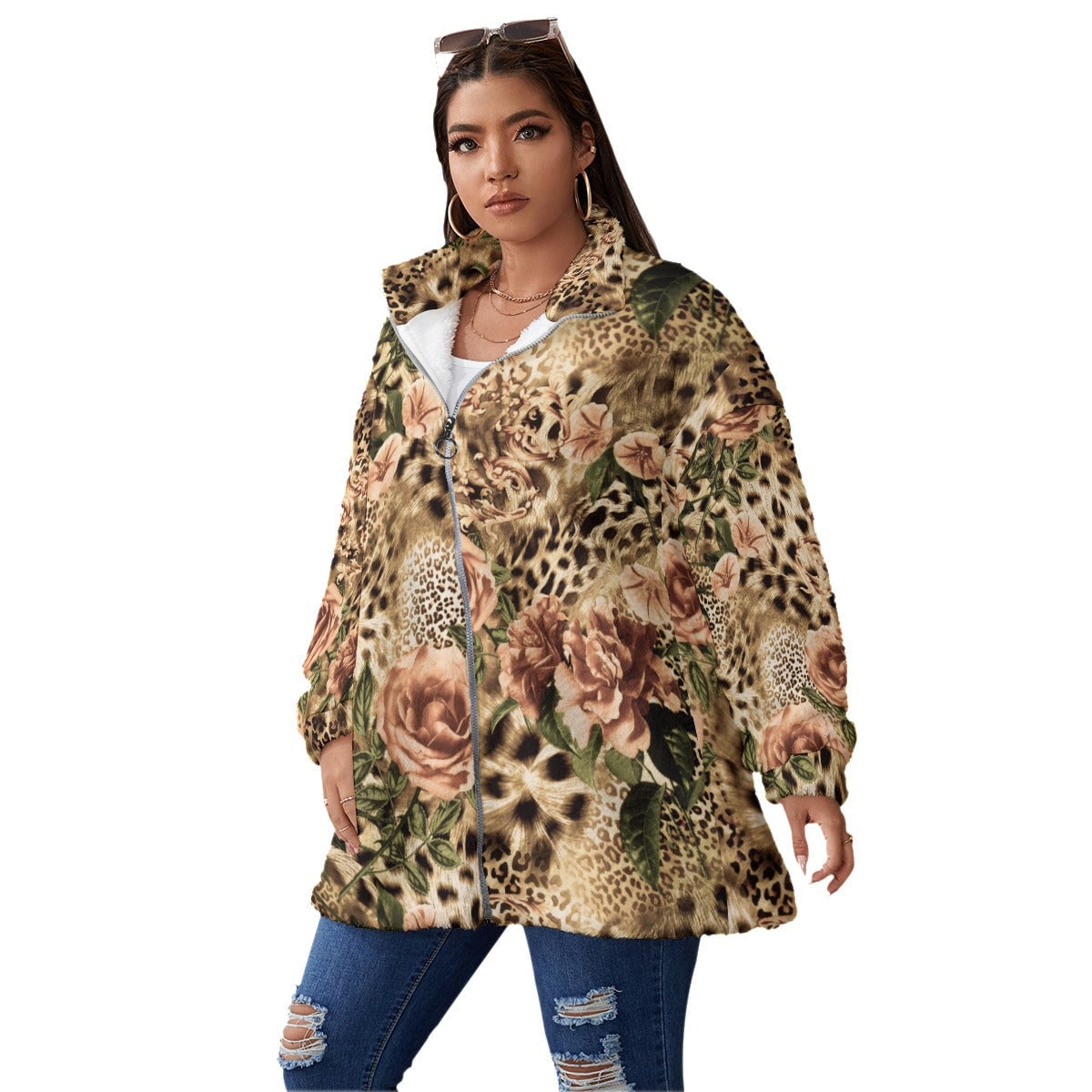 Fashion Roses and Leopard Women’s Borg Fleece Oversize Jacket
