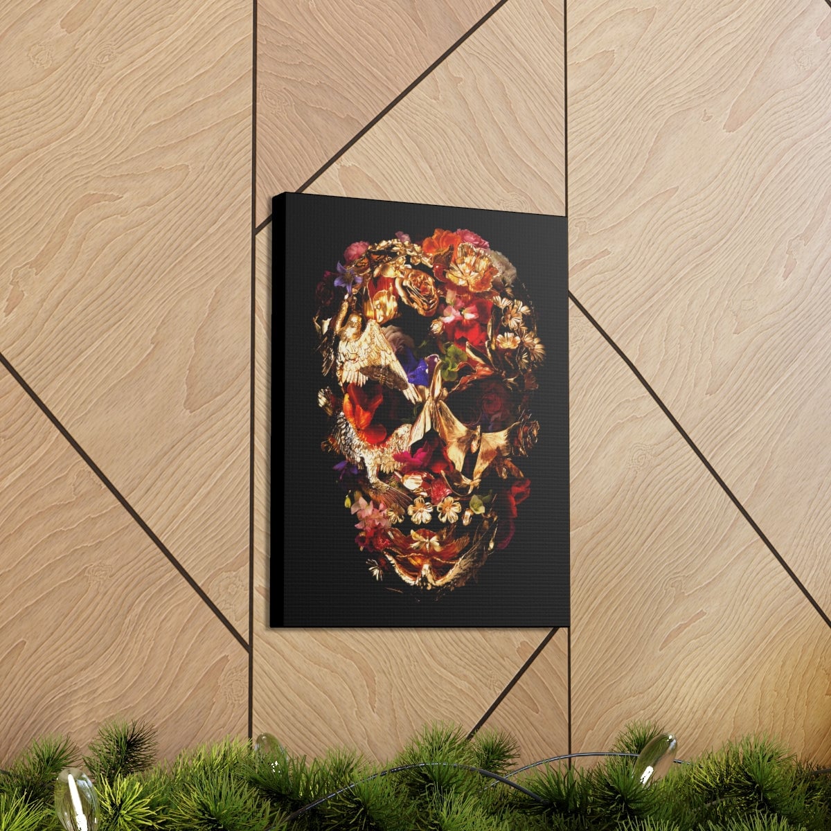 Fashion Skull Golden Flowers Art Canvas Gallery Wraps