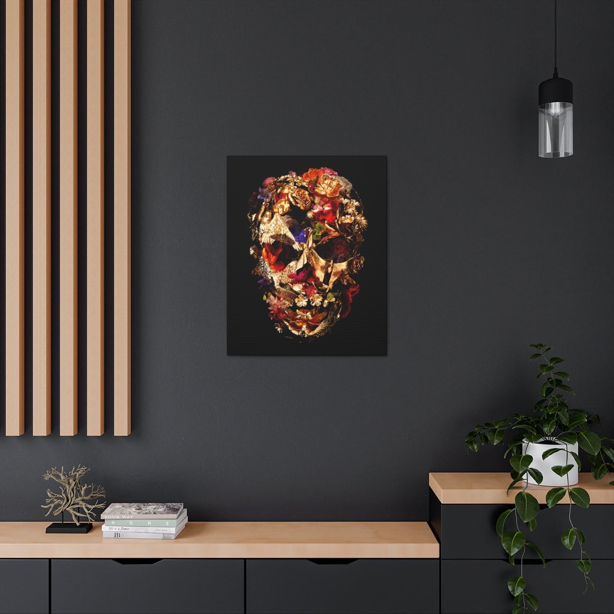 Fashion Skull Golden Flowers Art Canvas Gallery Wraps