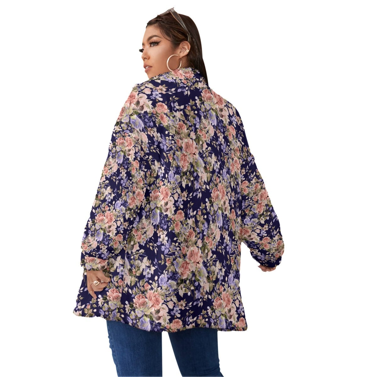 Floral Purple Roses Fashion Women’s Borg Fleece Oversize Jacket