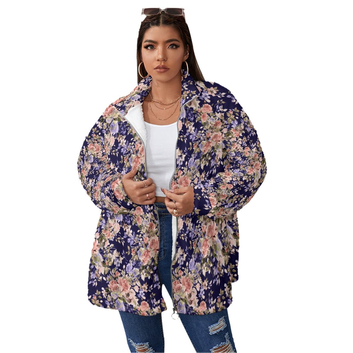 Floral Purple Roses Fashion Women’s Borg Fleece Oversize Jacket