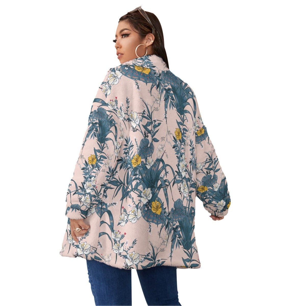 Flowers Abstract Pattern Women’s Borg Fleece Oversize Jacket