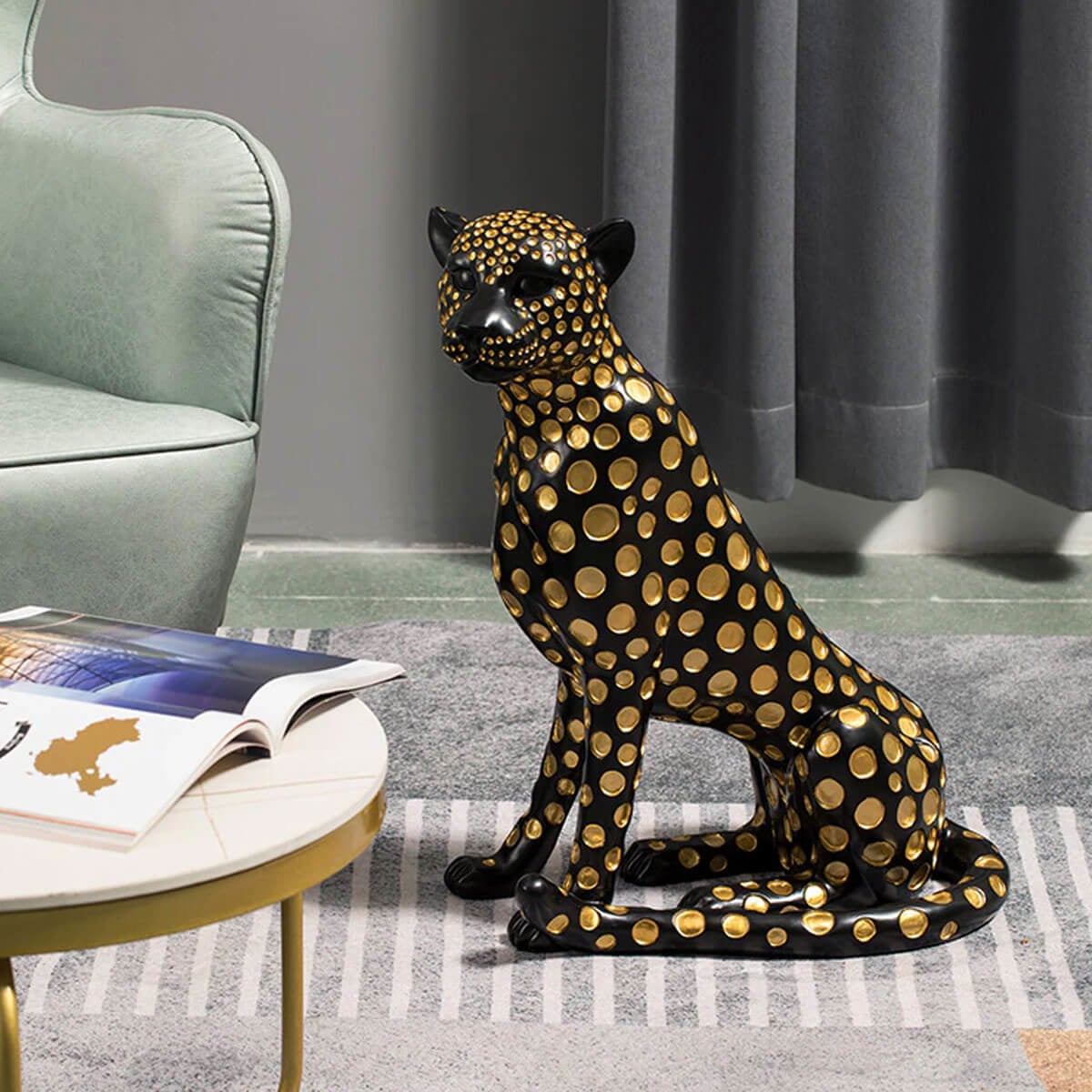 Black and Gold Leopard Statue Sitting on Table Black and Gold Leopard Statue  Resin Leopard Figurine Black and Gold Home Décor 
