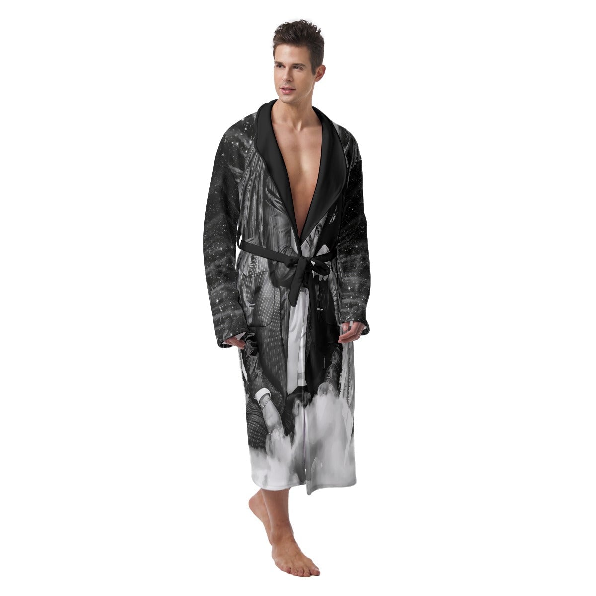 Long Black Wool Men's Dressing Gown with Quilted Silk Collar