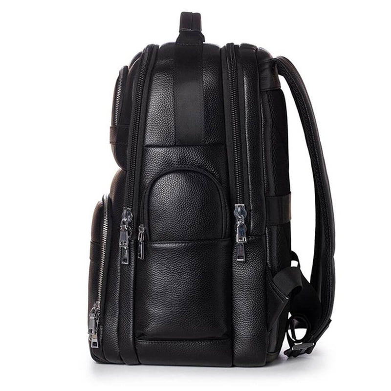 Genuine Leather USB Charging Waterproof Black Large Backpack