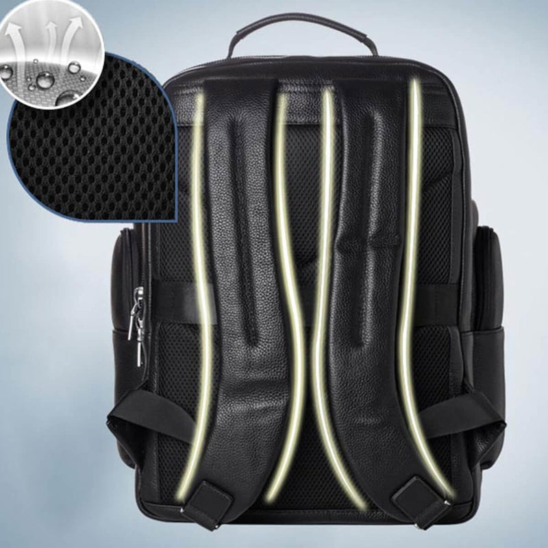 Genuine Leather USB Charging Waterproof Black Large Backpack