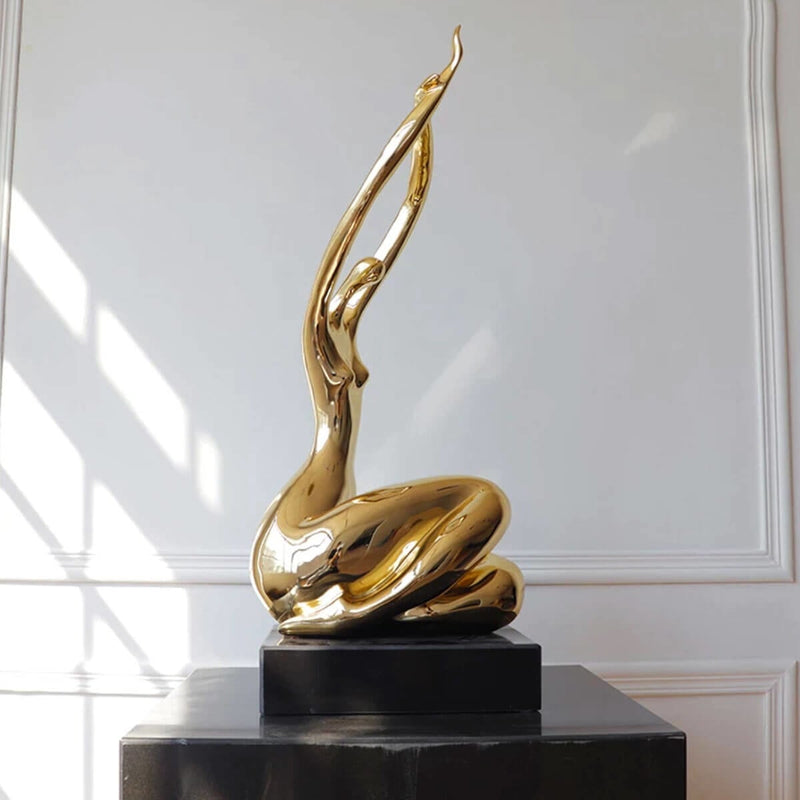 Gold Silver 66cm Abstract Woman In Sit Position Stretch Sculpture Modern Marble Art