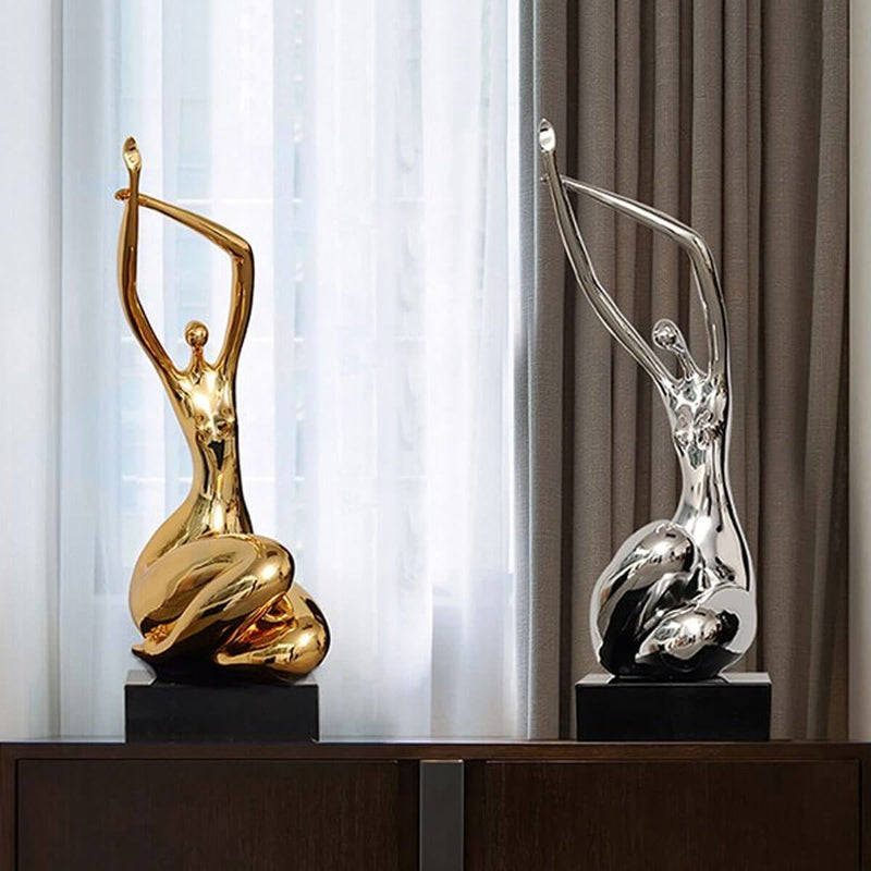 Gold Silver 66cm Abstract Woman In Sit Position Stretch Sculpture Modern Marble Art