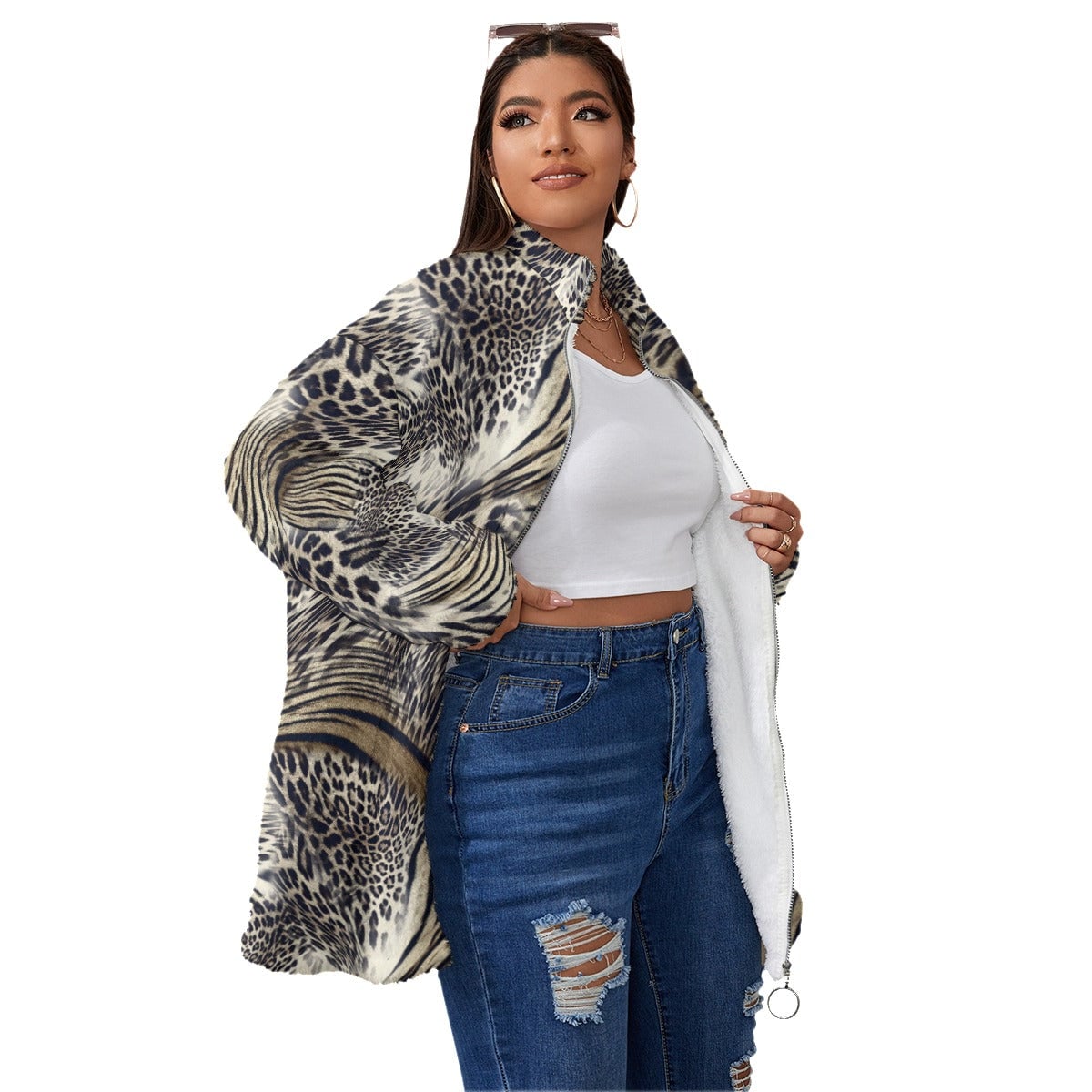 Golden Leopard Print Fashion Women’s Borg Fleece Oversize Jacket