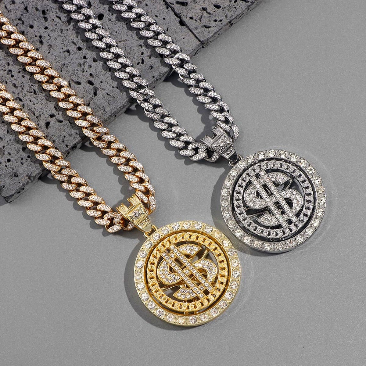 Iced Out Bling Bling Rotating Dollar Pendant Necklace