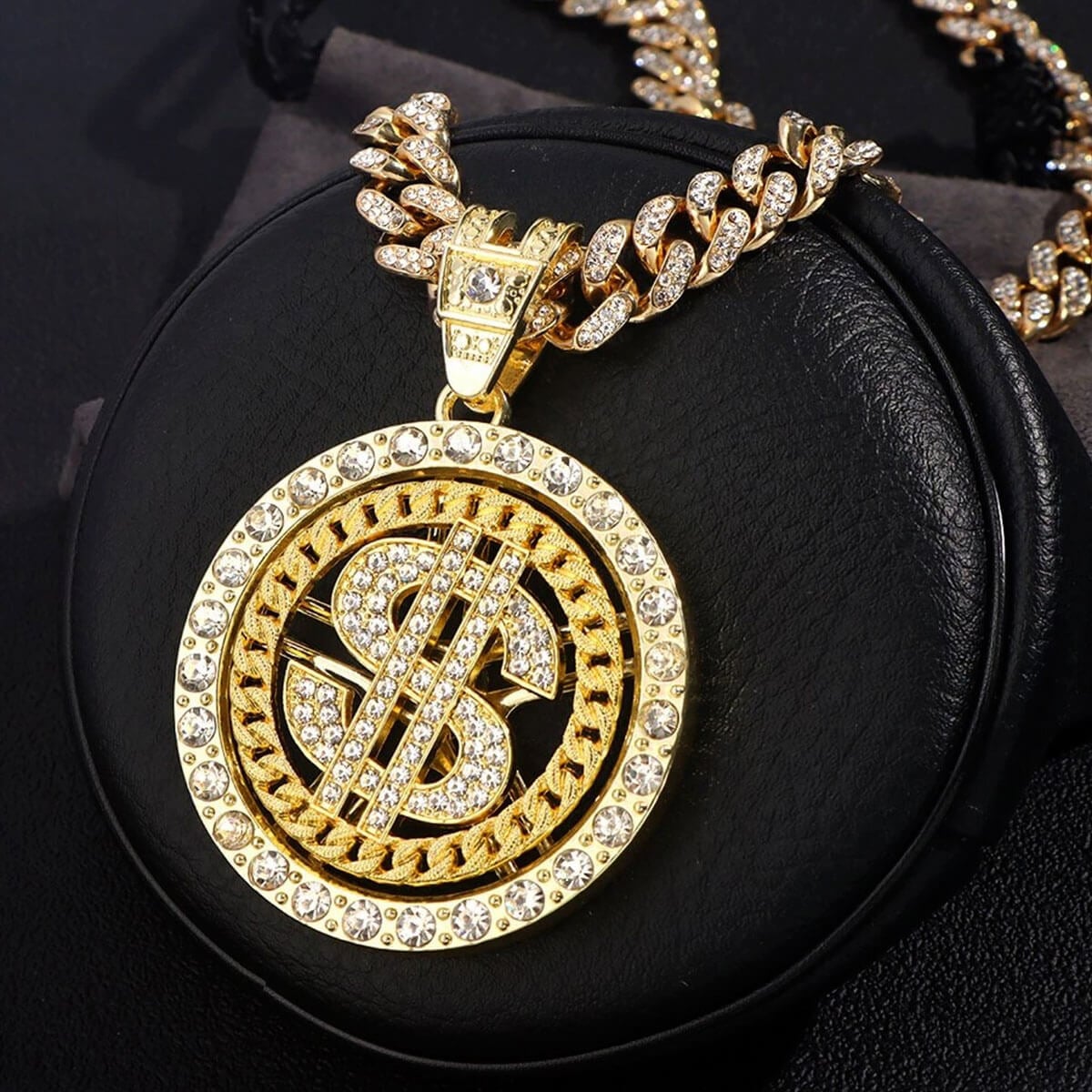 Iced Out Bling Bling Rotating Dollar Pendant Gold Necklace