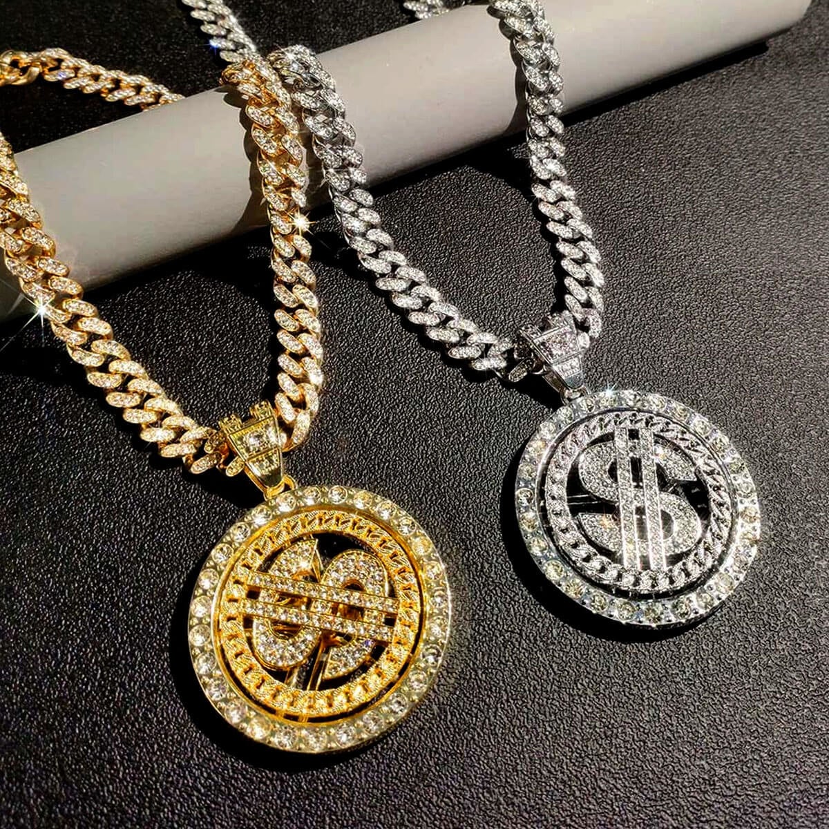 Iced Out Bling Bling Rotating Dollar Pendant Necklace
