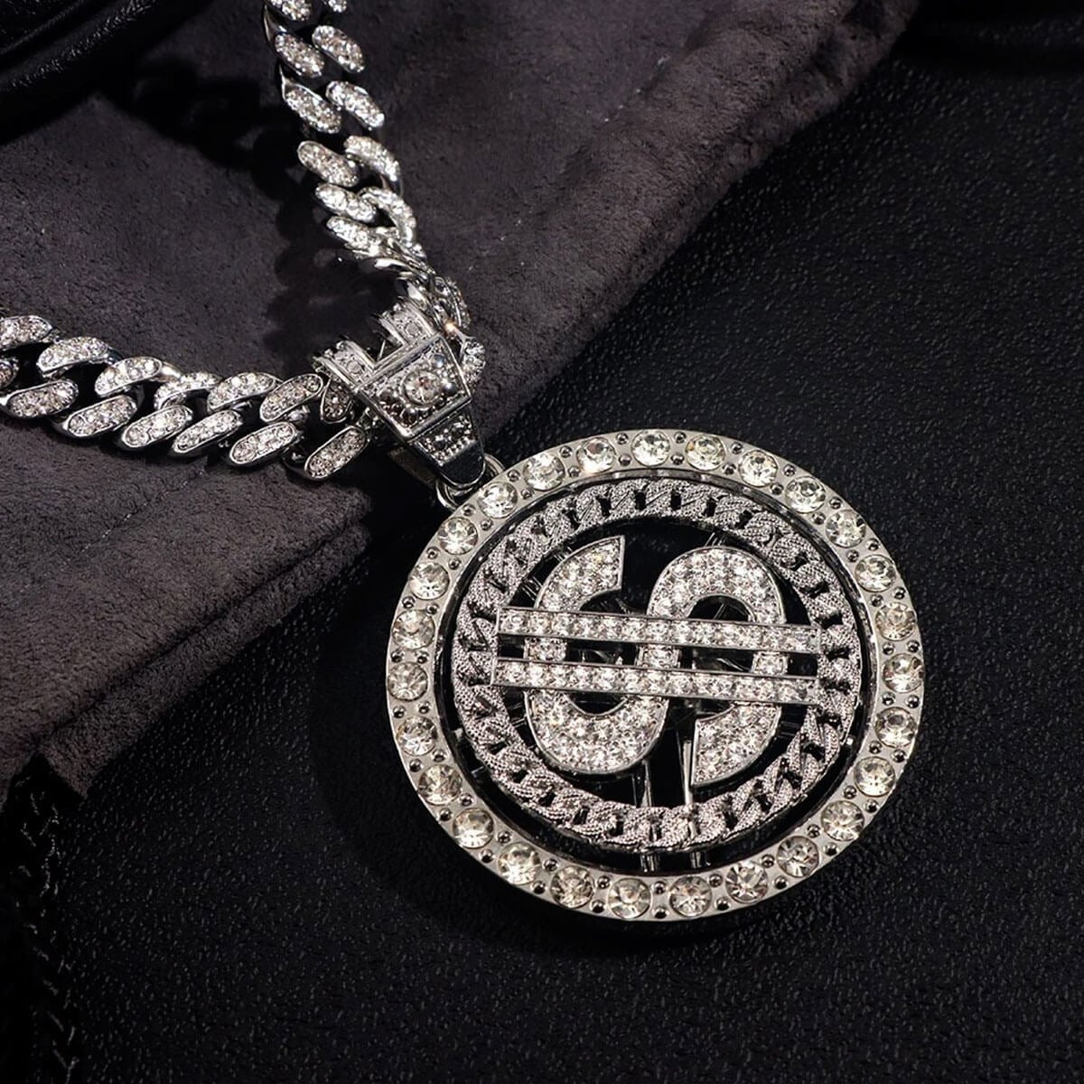 Iced Out Bling Bling Rotating Dollar Pendant Necklace