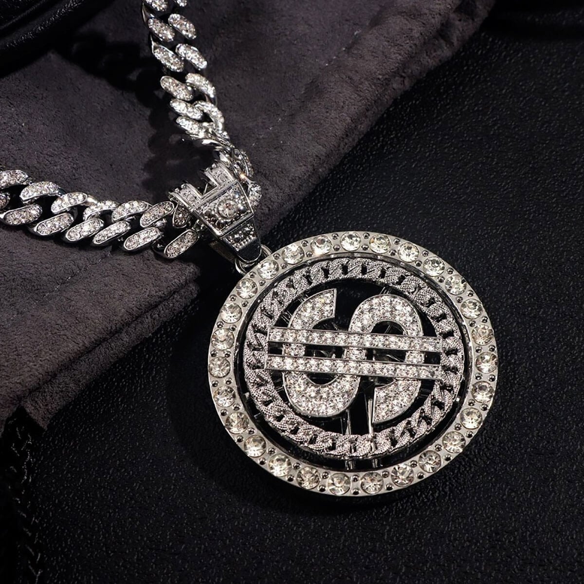 Iced Out Bling Bling Rotating Dollar Pendant Silver Necklace