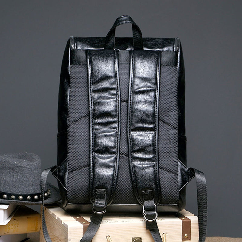 Leather Waterproof Traveling Fashion Black Backpack