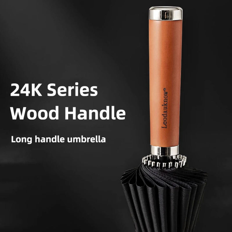Luxury 24K Long Windproof Wooden Handle Umbrella