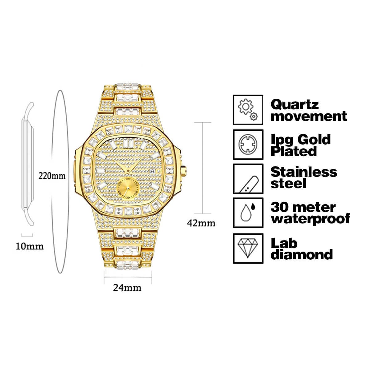 Luxury Gold 18K Fully Paved Baguette Diamond Watch