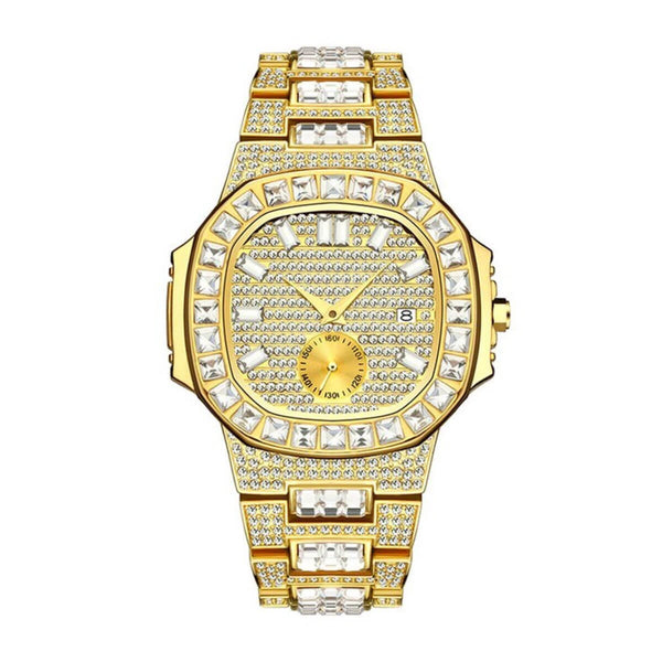 Luxury Gold 18K Fully Paved Baguette Diamond Watch