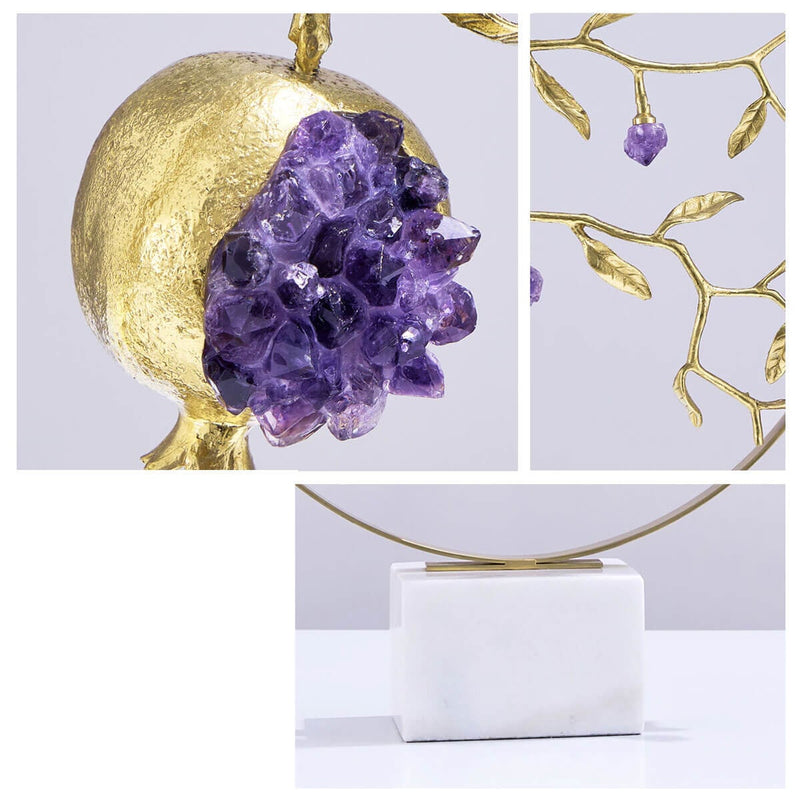 Luxury Golden Mosaic Natural Purple Crystal Stone Brass Pomegranate Sculpture