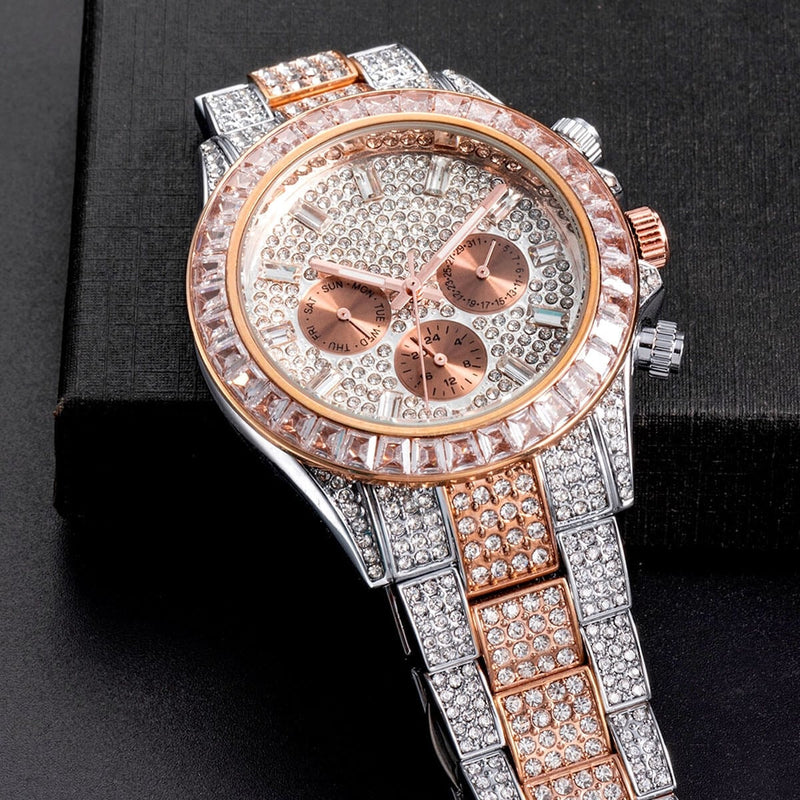 Luxury Golden Iced Out Diamond Stainless Steel Watch