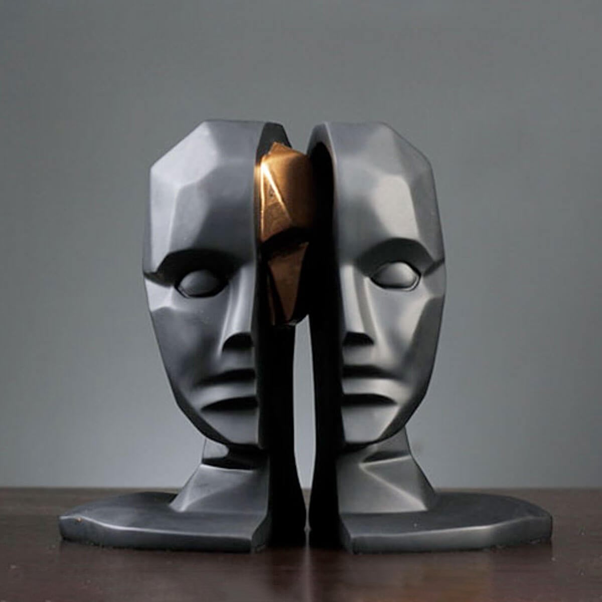 Modern Head Sculpture - Two Piece Face Statue with Brain