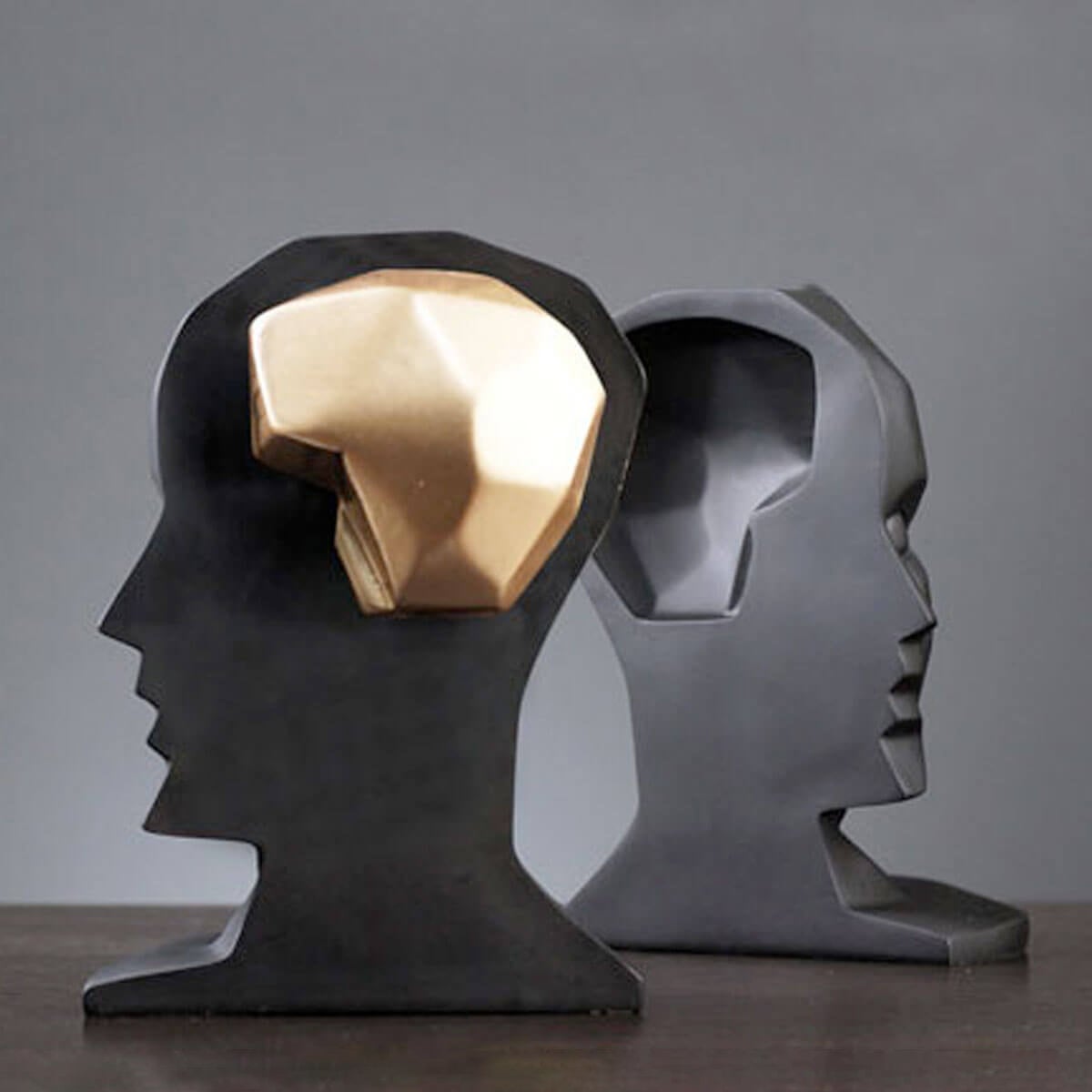 Abstract Two-Piece Face Sculpture with Gold Brain Detail