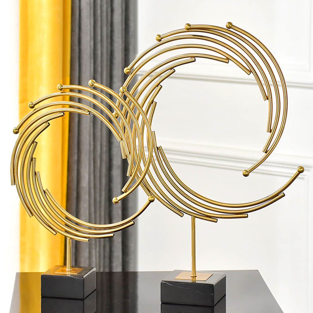 Modern Golden Metal Annulus Statue Marble Sculpture Art