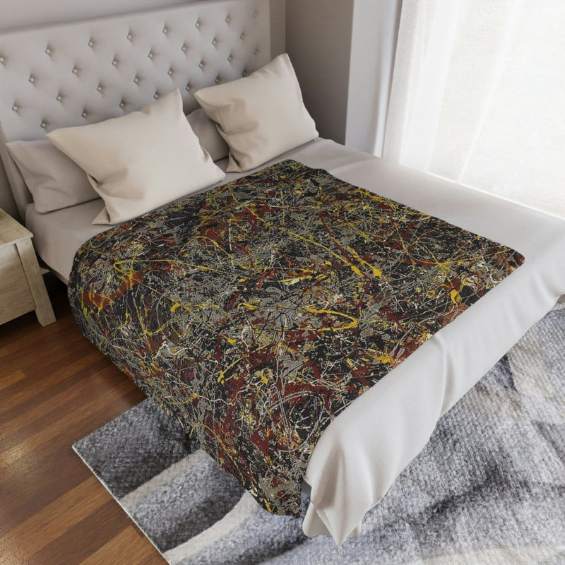 High-resolution rendition of No. 5, 1948 by Jackson Pollock on a luxurious blanket