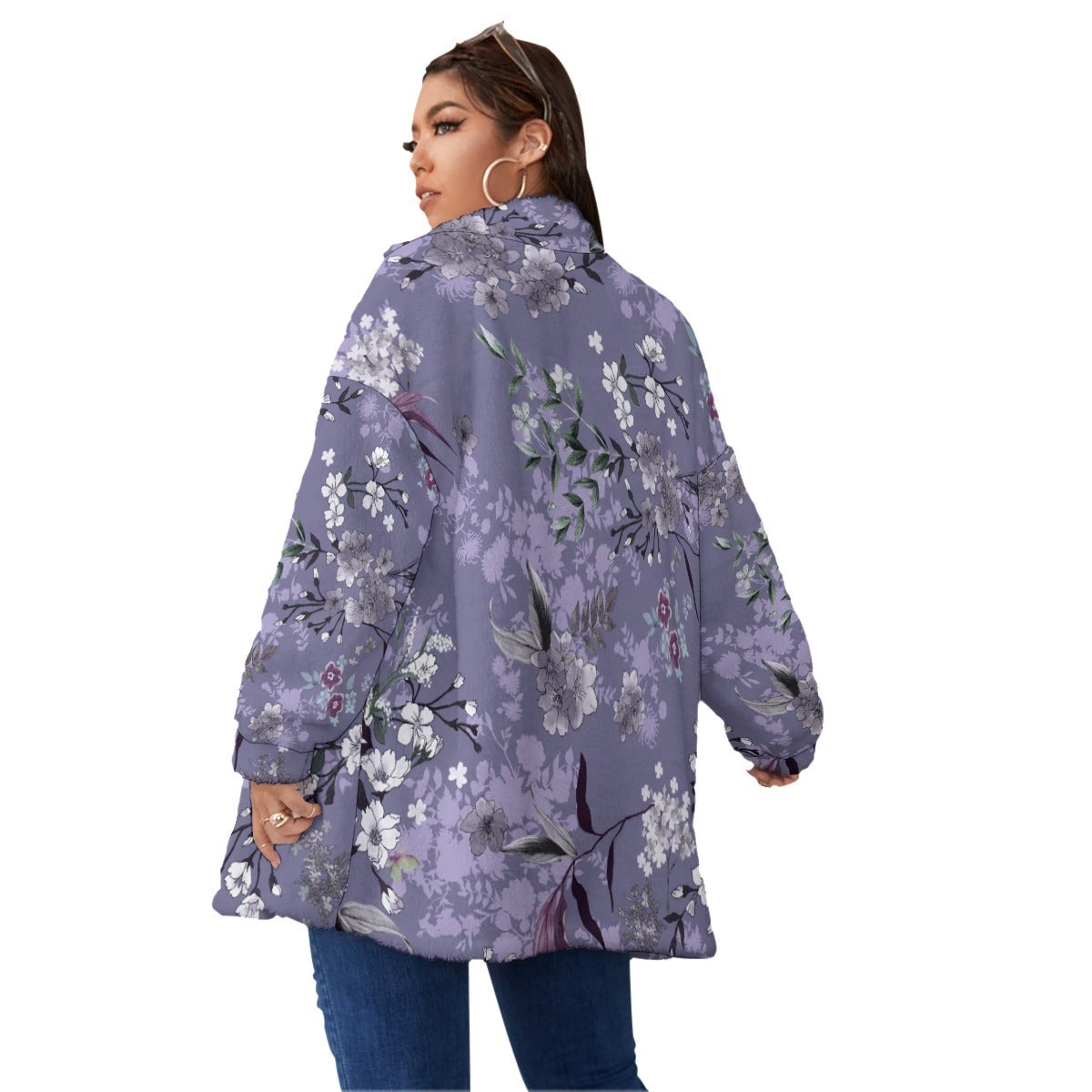 Purple Flowers Art Women’s Borg Fleece Oversize Jacket